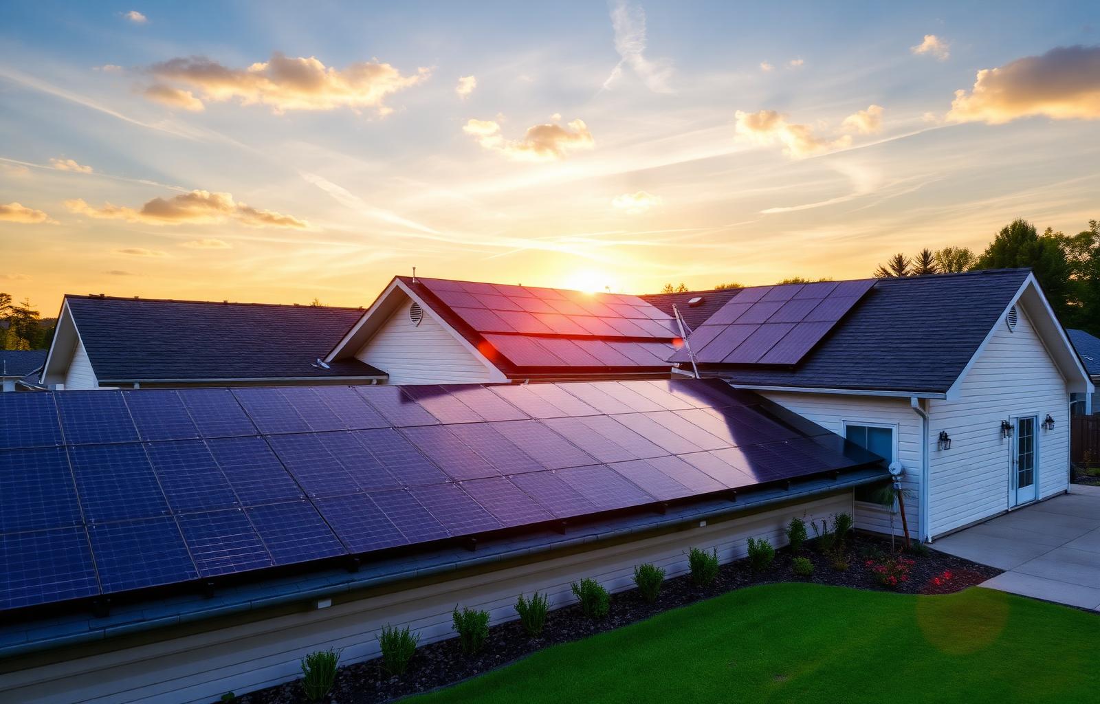 Modern home with rooftop solar panels at sunset